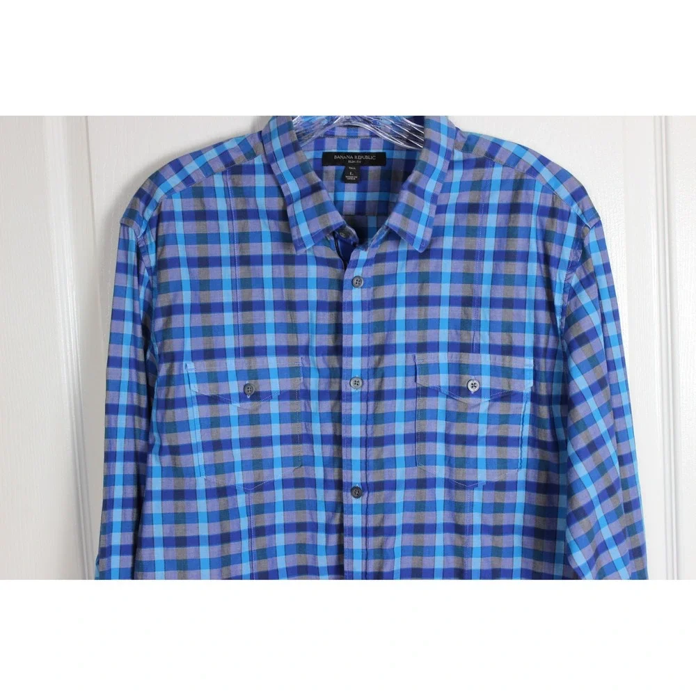 Banana Republic Slim Fit Tall Plaid Button‎ Down Shirt Mens L Blue Gray